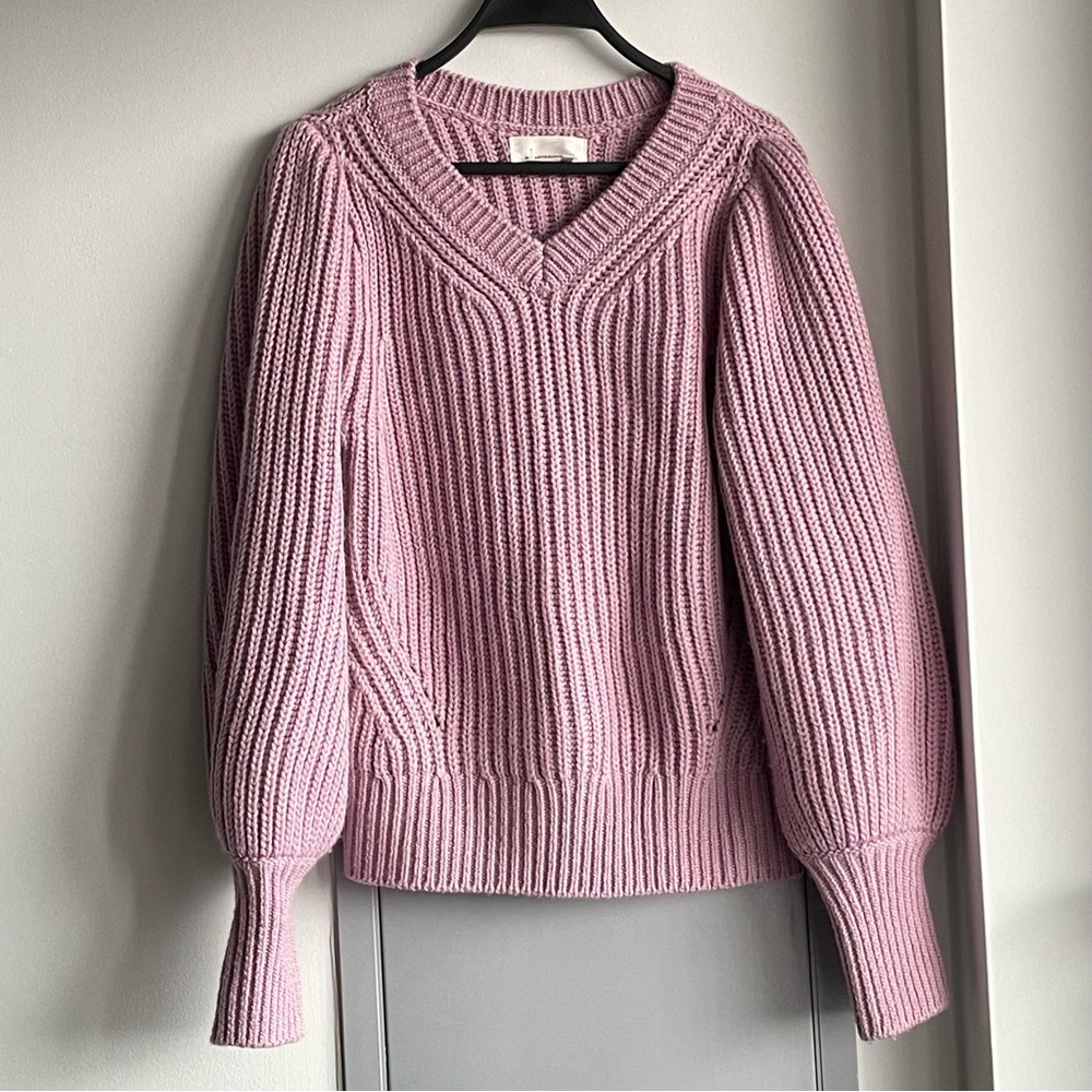 ANTHROPOLOGIE Dusty Pink Ribbed Wool Blend V-Neck Sweater